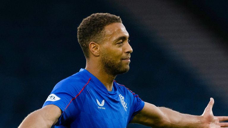 Rangers' Cyriel Dessers celebrates after his goal to make it 1-0 is confirmed by a VAR check during a Premier Sports Cup last sixteen match between Rangers and St Johnstone at Hampden Park, on August 17, 2024, in Glasgow, Scotland.  (Photo by Craig Williamson / SNS Group)