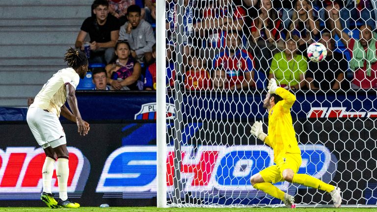 PLZEN, CZECH REPUBLIC - AUGUST 22: A Daniel Oyegoke own goal makes it 1-0 Viktoria Plzen during a UEFA Europa League play-off match between FC Viktoria Plzen and Heart of Midlothian at the Doosan Arena, on August 22, 2024, in Plzen, Czech Republic.  (Photo by Mark Scates / SNS Group)