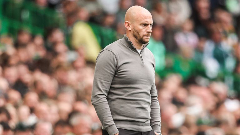 GLASGOW, SCOTLAND - AUGUST 18: Hibernian head coach David Gray during a Premier Sports Cup last sixteen match between Celtic and Hibernian at Celtic Park, on August 18, 2024, in Glasgow, Scotland.  (Photo by Ross MacDonald / SNS Group)