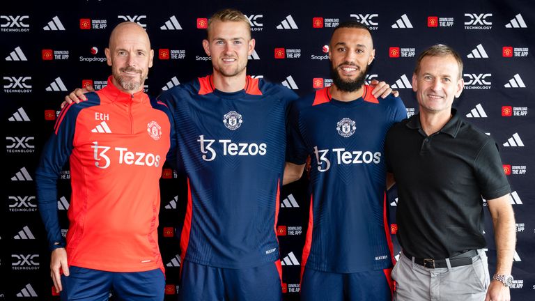 Matthijs de Ligt and Noussair Mazroui are flanked by Erik ten Hag and Dan Ashworth