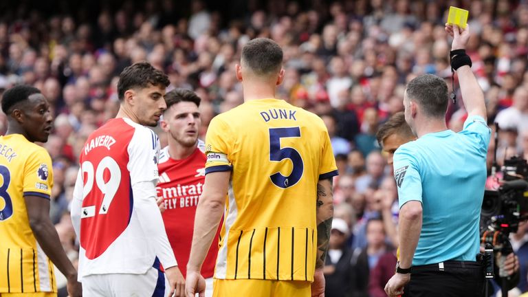 Arsenal's Declan Rice is sent off by referee Christopher Kavanagh after receiving a second yellow card