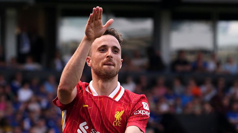 Diogo Jota celebrates his opener at Portman Road