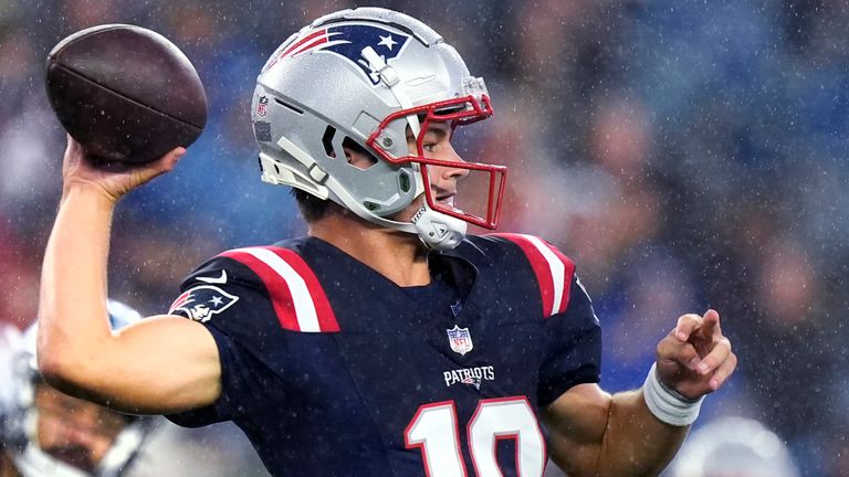 New England Patriots quarterback Drake Maye (10) throws a pass during the first half of a preseason NFL football game against the Carolina Panthers, Thursday, Aug. 8, 2024, in Foxborough, Mass. (AP Photo/Michael Dwyer) 