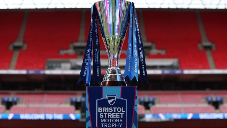 LONDON, ENGLAND - APRIL 07: A detailed view of the Bristol Street Motors Trophy prior to the Bristol Street Motors Trophy Final between Peterborough United and Wycombe Wanderers at Wembley Stadium on April 07, 2024 in London, England. (Photo by Richard Pelham/Getty Images)