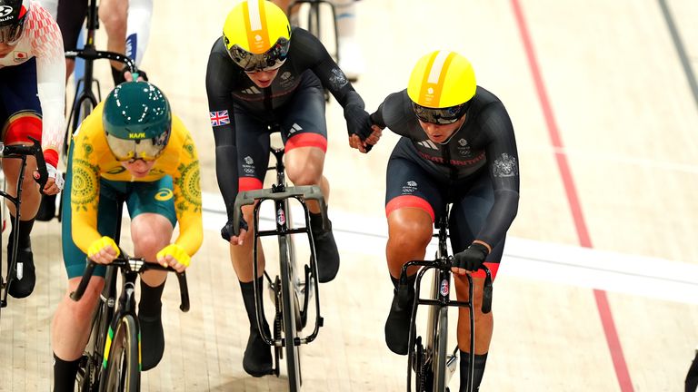 Great Britain's Elinor Barker and Neah Evans during the Women's Madison Final at the National Velodrome, Saint-Quentin-en-Yvelines, on the fourteenth day of the 2024 Paris Olympic Games in France. Picture date: Friday August 9, 2024.