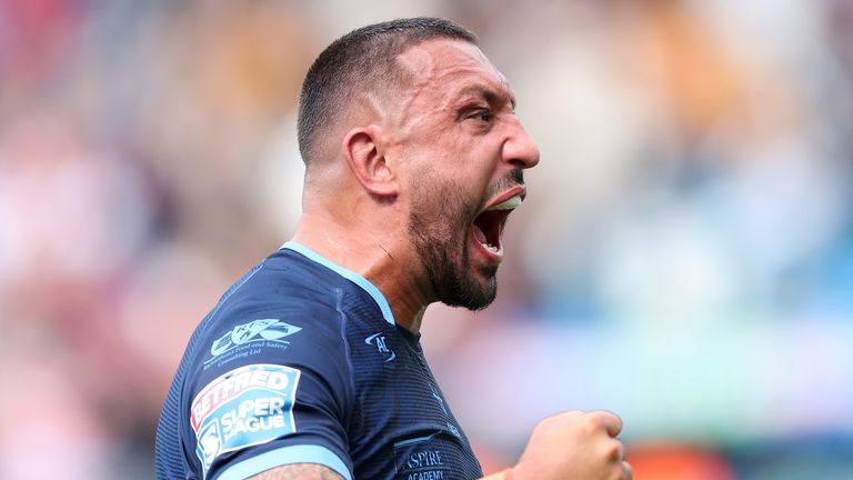 Picture by John Clifton/SWpix.com - 18/08/2024 - Rugby League - Betfred Super League Magic Weekend - Catalans Dragons v Hull KR - Elland Road, Leeds, England -
Hull Kingston Rovers' Elliot Minchella celebrates scoring a try