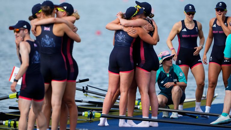 Britain's Emily Ford, Rowan McKellar, Harriet Taylor, Lauren Irwin, Henry Fieldman, Heidi Long, Annie Campbell-Orde, Eve Stewart and Holly Dunford celebrate bronze in the women's eight rowing final