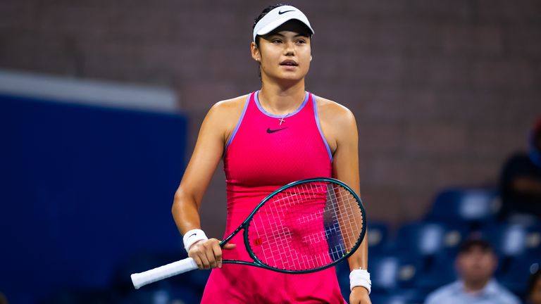 Emma Raducanu of Great Britain in action against Sofia Kenin of the United States in the first round on Day 2 of the US Open at USTA Billie Jean King National Tennis Center on August 27, 2024 in New York City (Photo by Robert Prange/Getty Images)