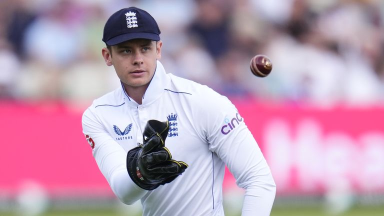 England v West Indies - Rothesay Men's Test Match Third Test Day One - Edgbaston
England wicketkeeper Jamie Smith during day one of the Third Rothesay Test match at Edgbaston, Birmingham. Picture date: Friday July 26, 2024.