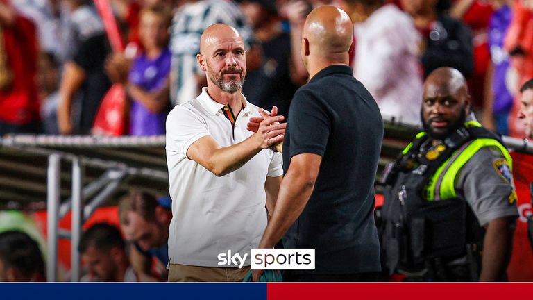 Manchester United manager Erik Ten Hag and Liverpool head coach Arne Slot shake hands after pre-season match.