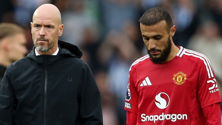 Manchester United manager Erik ten Hag and Noussair Mazraoui look dejected at full-time. 
