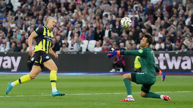 Erling Haaland scores his third goal of the game (AP Photo/Frank Augstein)