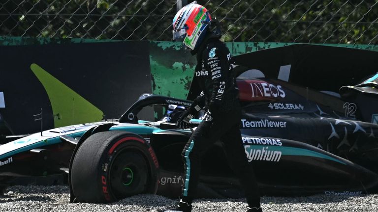 Mercedes' Italian driver Andrea Kimi Antonelli leaves his car after crashing during first practice session, ahead of the Italian Formula One Grand Prix at Autodromo Nazionale Monza circuit, in Monza on August 30, 2024. (Photo by Gabriel BOUYS / AFP)