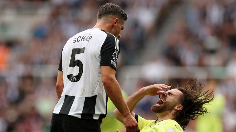 Fabian Schar was sent off for a headbutt on Ben Brereton Diaz before half-time