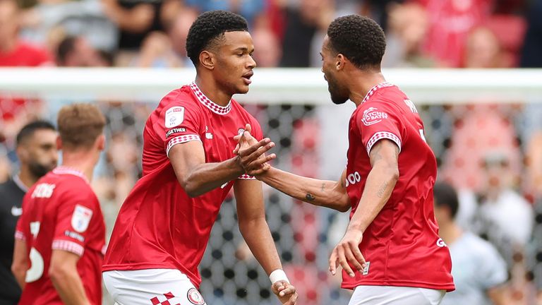 Fally Mayulu of Bristol City celebrates scoring his team's third goal