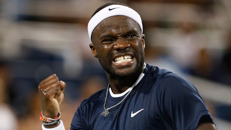 CINCINNATI, OH - AUGUST 18: Frances Tiafoe reacts during the semifinal round of the Cincinnati Open on August 18, 2024, at the Lindner Family Tennis Center in Mason, OH. (Photo by Ian Johnson/Icon Sportswire) (Icon Sportswire via AP Images)