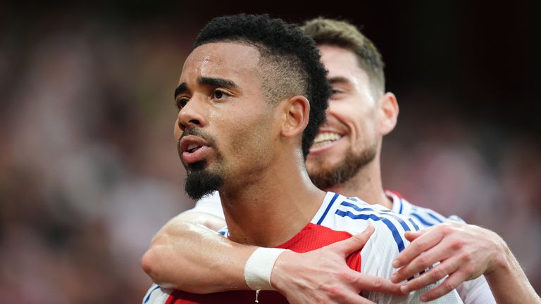 Gabriel Jesus celebrates his goal against Bayer Leverkusen