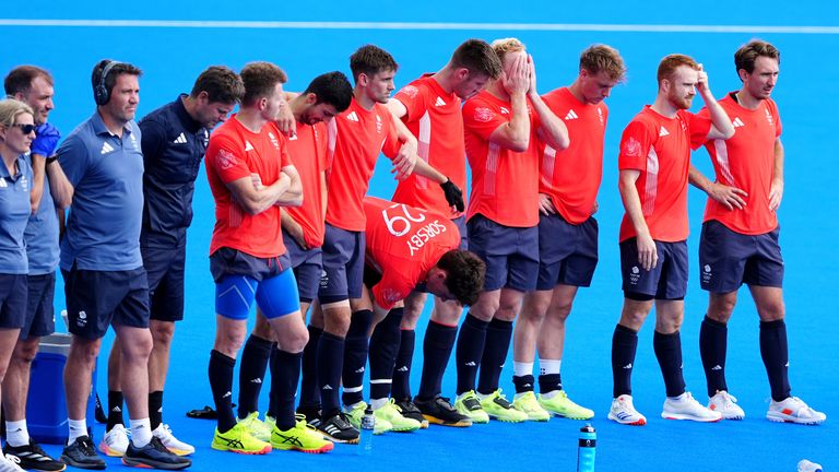 Great Britain players stand dejected following the Men's Quarter-final match against India at the Yves du Manoir Stadium on the ninth day of the 2024 Paris Olympic Games in France. Picture date: Sunday August 4, 2024.