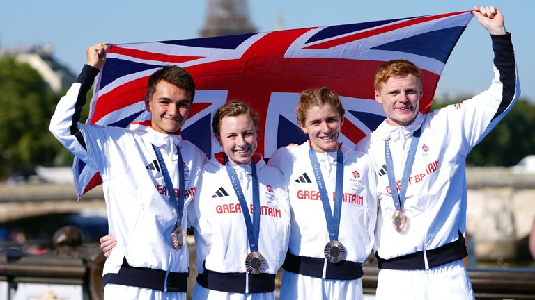 Paris 2024 Olympic Games - Day Ten
Great Britain's Alex Yee, Georgia Taylor-Brown, Samuel Dickinson and Beth Potter with their bronze medals following the Mixed Relay Triathlon at the Pont Alexandre III on the tenth day of the 2024 Paris Olympic Games in France. Picture date: Monday August 5, 2024.