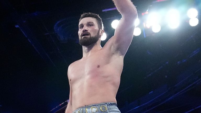 Italy's Guido Vianello gestures after a heavyweight boxing bout against Moses Johnson on Friday, Feb. 16, 2024, in New York. Vianello stopped Johnson in the first round. (AP Photo/Frank Franklin II)