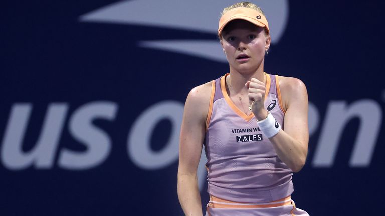 Harriet Dart of Great Britain reacts after winning a po against Chloe Paquet of France during their Women's Singles First Round match on Day One of the 2024 US Open at the USTA Billie Jean King National Tennis Center on August 26, 2024 in the Flushing neighborhood of the Queens borough of New York City. (Photo by Matthew Stockman/Getty Images)