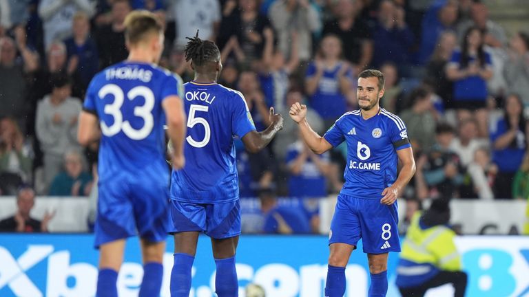 Harry Winks celebrates after netting Leicester City's fourth goal versus Tranmere. 