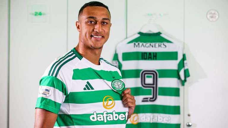 GLASGOW, SCOTLAND - AUGUST 14:  Irish international striker Adam Idah signs for Celtic on a five-year deal at Celtic Park, on August 14, 2024, in Glasgow, Scotland. (Photo by Craig Williamson / SNS Group)