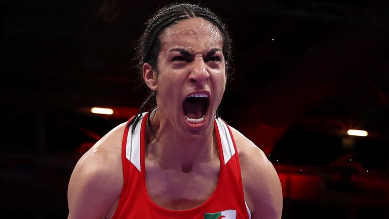 Imane Khelif of Team Algeria celebrates victory against Anna Luca Hamori of Team Hungary after the Women's 66kg Quarter-final round match on day eight of the Olympic Games Paris 2024 