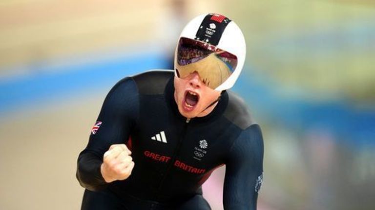 Great Britain's Jack Carlin celebrates winning bronze in the Men's Sprint Bronze Medal Final against Netherland's Jeffrey Hoogland (not pictured) at the National Velodrome, Saint-Quentin-en-Yvelines, on the fourteenth day of the 2024 Paris Olympic Games in France. Picture date: Friday August 9, 2024.