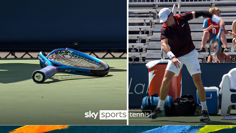 Jack Draper smashes his racket in Cincinnati