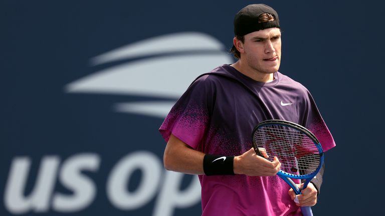 Jack Draper of Great Britain looks on against Zhizhen Zhang of China during their Men's Singles First Round match on Day Two of the 2024 US Open at the USTA Billie Jean King National Tennis Center on August 27, 2024 in the Flushing neighborhood of the Queens borough of New York City. (Photo by Jamie Squire/Getty Images)