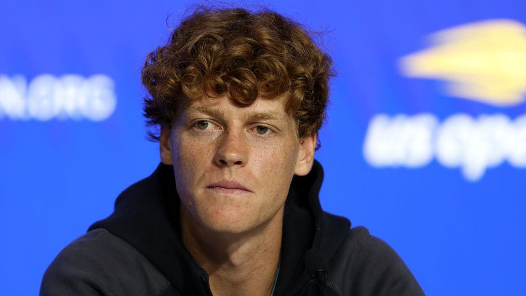 Jannik Sinner of Italy speaks to the media during a press conference ahead of the 2024 US Open at USTA Billie Jean King National Tennis Center on August 23, 2024 in New York City. (Photo by Jamie Squire/Getty Images)