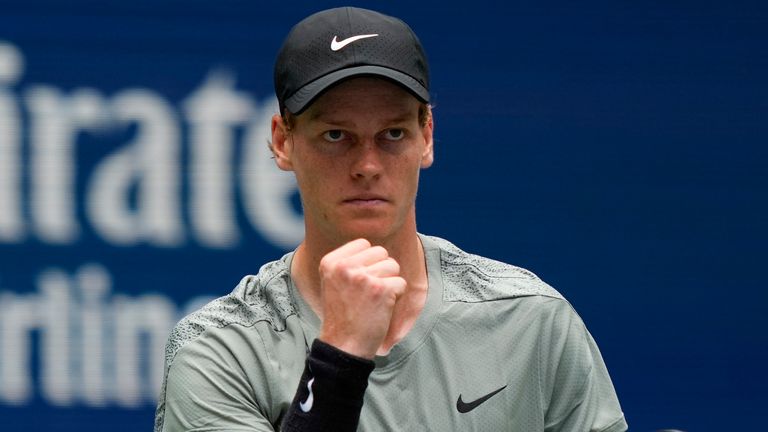 Jannik Sinner, of Italy, reacts after scoring a point against Alex Michelsen, of the United States, during the second round of the U.S. Open tennis championships, Thursday, Aug. 29, 2024, in New York. (AP Photo/Julia Nikhinson)