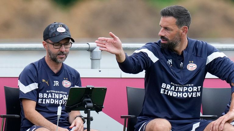 Javier Rabanal Hernandez of PSV, coach Ruud van Nistelrooij of PSV, Fred Rutten of PSV, Andre Ooijer of PSV during the Club Friendly match between PSV v BW Lohne at the De Herdgang on June 25, 2022 in Eindhoven Netherlands