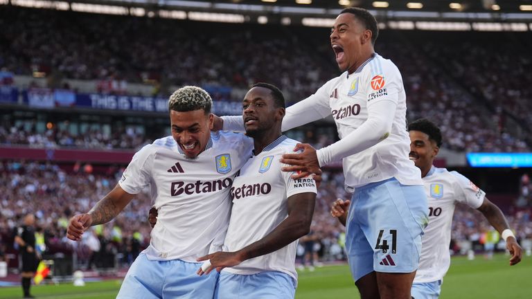 Jhon Duran celebrates his goal with Morgan Rogers and Jacob Ramsey