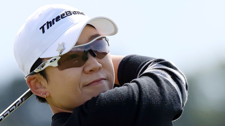 Korea's Jiyai Shin plays her shot at the 4th tee during the third round of the Women's British Open golf championship, in St Andrews, Scotland Saturday, Aug. 24, 2024. (AP Photo/Scott Heppell)