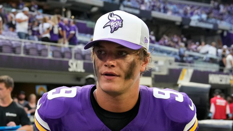 Minnesota Vikings quarterback J.J. McCarthy (9) walks off the field after an NFL preseason football game against the Las Vegas Raiders, Saturday, Aug. 10, 2024, in Minneapolis. (AP Photo/Charlie Neibergall)