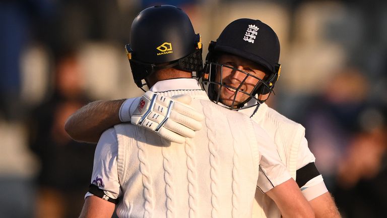 Joe Root and Chris Woakes celebrate England's win over Sri Lanka in the first Test at Emirates Old Trafford (Getty Images)