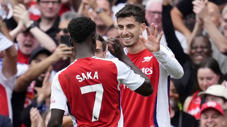 Kai Havertz celebrates his opener with Bukayo Saka