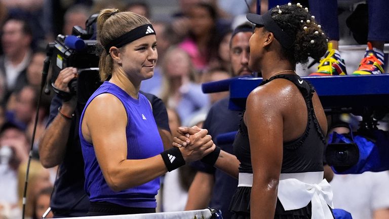 Karolina Muchova, of the Czech Republic, shakes hands with Naomi Osaka, of Japan, after winning their second round of the U.S. Open tennis championships, Thursday, Aug. 29, 2024, in New York. (AP Photo/Matt Rourke)