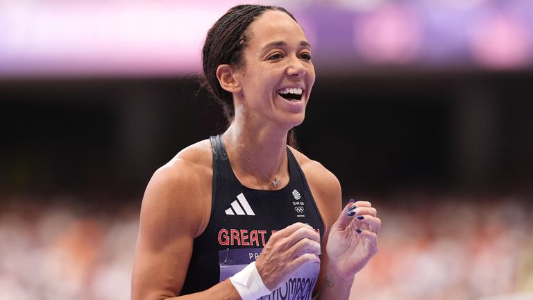 Great Britain's Katarina Johnson-Thompson reacts after setting a personal best with her second throw during the Women's Heptathlon Shot Put at the Stade de France on the thirteenth day of the 2024 Paris Olympic Games in France. Picture date: Thursday August 8, 2024.