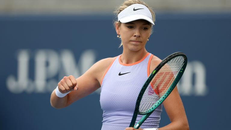 Katie Boulter of Great Britain reacts to a lost point against Jessica Bouzas Maneiro of Spain during their Women's Singles Second Round match on Day Four of the 2024 US Open at USTA Billie Jean King National Tennis Center on August 29, 2024 in the Flushing neighborhood of the Queens borough of New York City. (Photo by Al Bello/Getty Images)