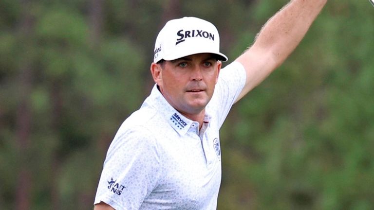 Keegan Bradley reacts thinking his putt is going in for an eagle on the 17th hole during the third round of the PGA FedExCup BMW Championship at Castle Pines Golf Club in Castle Rock, Colorado (Photo by Brian Spurlock/Icon Sportswire) (Icon Sportswire via AP Images)