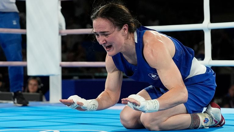 Ireland's Kellie Harrington celebrates winning the gold medal after defeating China's Yang Wenlu in the final of the women's -60 kg boxing match at the 2024 Summer Olympics, Tuesday, Aug. 6, 2024, in Paris, France. (AP Photo/John Locher)