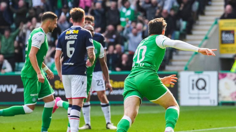 Kieron Bowie celebrates after scoring to make it 2-1 to Hibs 