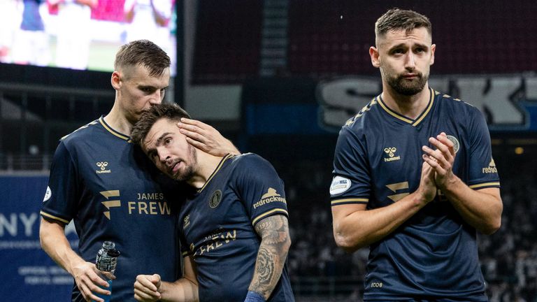 COPENHAGEN, DENMARK - AUGUST 22: (L-R) Kilmarnock's Lewis Mayo, Danny Armstrong and Robbie Deas at full time during a UEFA Conference League play-off match between FC Copenhagen and Kilmarnock at Parken Stadion, on August 22, 2024, in Copenhagen, Denmark.  (Photo by Craig Foy / SNS Group)