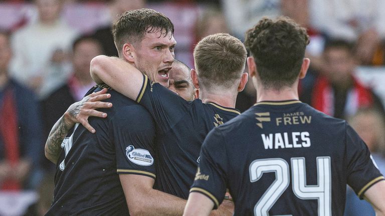 TROMSO, NORWAY - AUGUST 15: Kilmarnock's Joe Wright celebrates with his team mates as he scores to make it 1-0 during a UEFA Conference League qualifying match between Tromso and Kilmarnock at the Romssa Arena, on August 15, 2024, in Tromso, Norway. (Photo by Craig Foy / SNS Group)