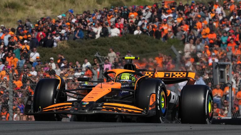 McLaren driver Lando Norris of Britain steers his car during the Formula One Dutch Grand Prix race at the Zandvoort racetrack, Netherlands, Sunday, Aug. 25, 2024. (AP Photo/Peter Dejong)