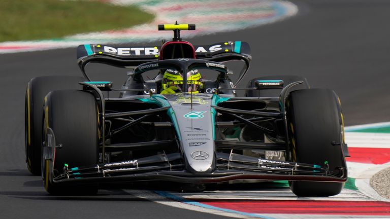 Mercedes driver Lewis Hamilton of Britain steers his car during the third free practice ahead of the Formula One Italian Grand Prix race at the Monza racetrack, in Monza, Italy, Saturday, Aug. 31, 2024. (AP Photo/Luca Bruno)