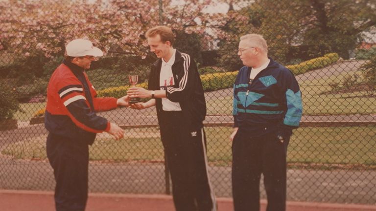 Tony presenting Leigh with a trophy after one of the fundraising tournaments